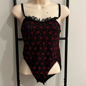 Vintage Petra Fashion Black Red Heart Bodysuit Women Size M
